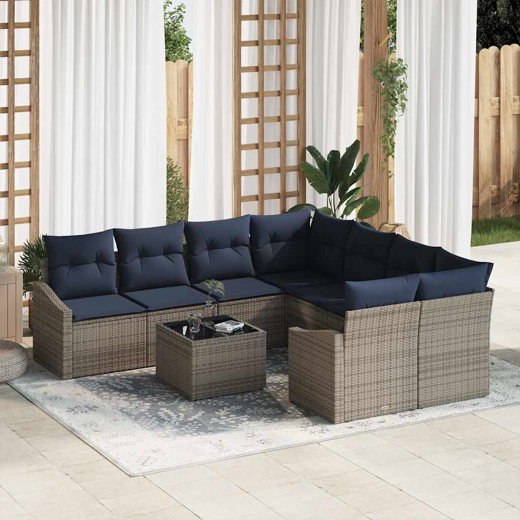 vidaXL Sofa Set mit Kissen 9 pcs Grau und Marineblau Poly-Rattan