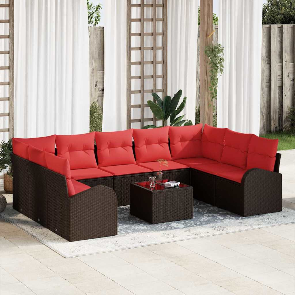 vidaXL Gartensofa-set mit Kissen 10 pcs Braun und Rot Poly-Rattan