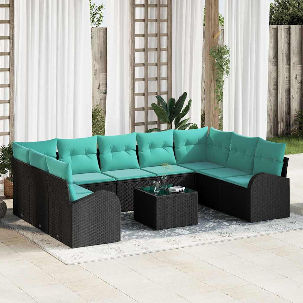 vidaXL Gartensofa-set mit Kissen 10 pcs Schwarz und Türkis Poly-Rattan