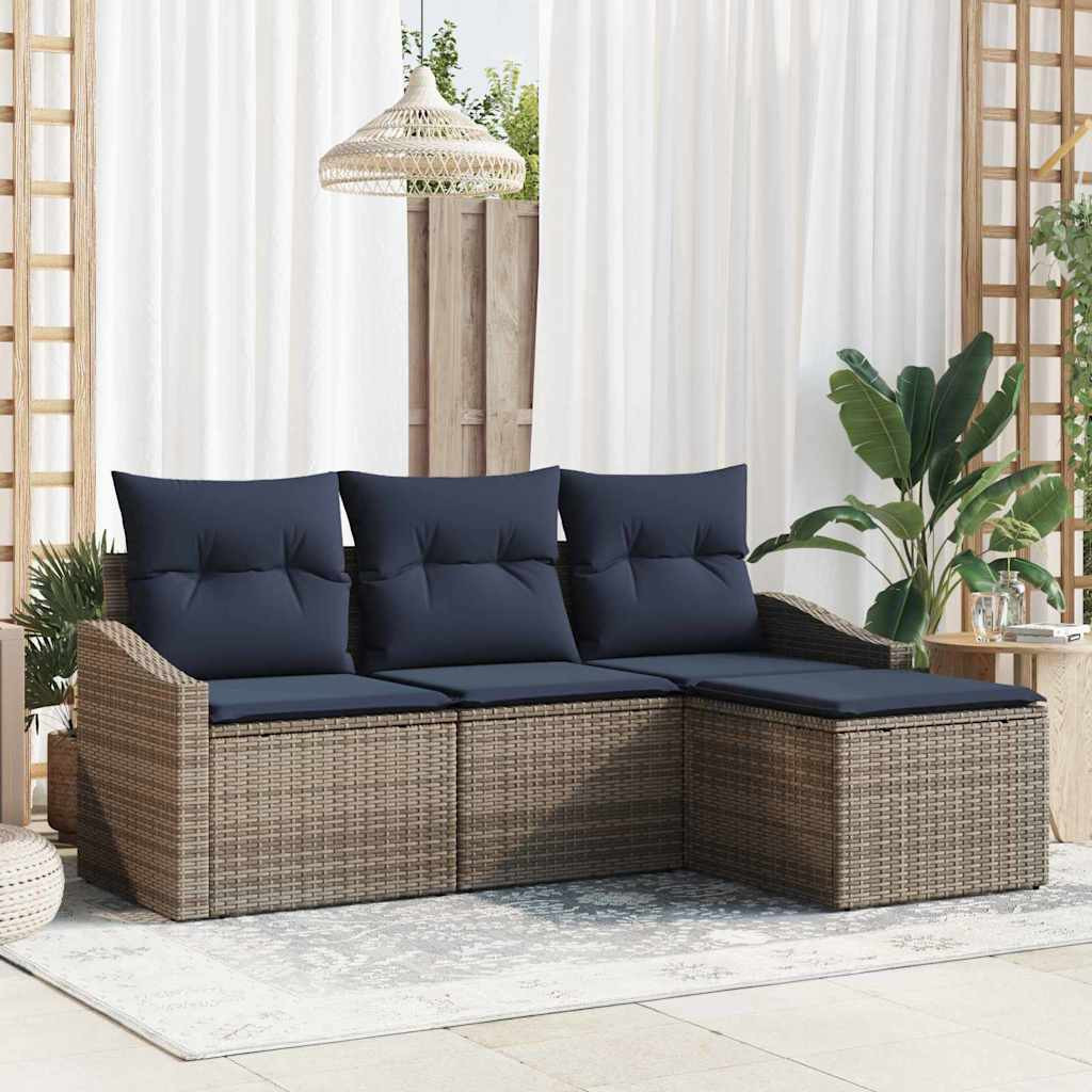 vidaXL Sofa Set mit Kissen 4 pcs Grau und Marineblau Poly-Rattan