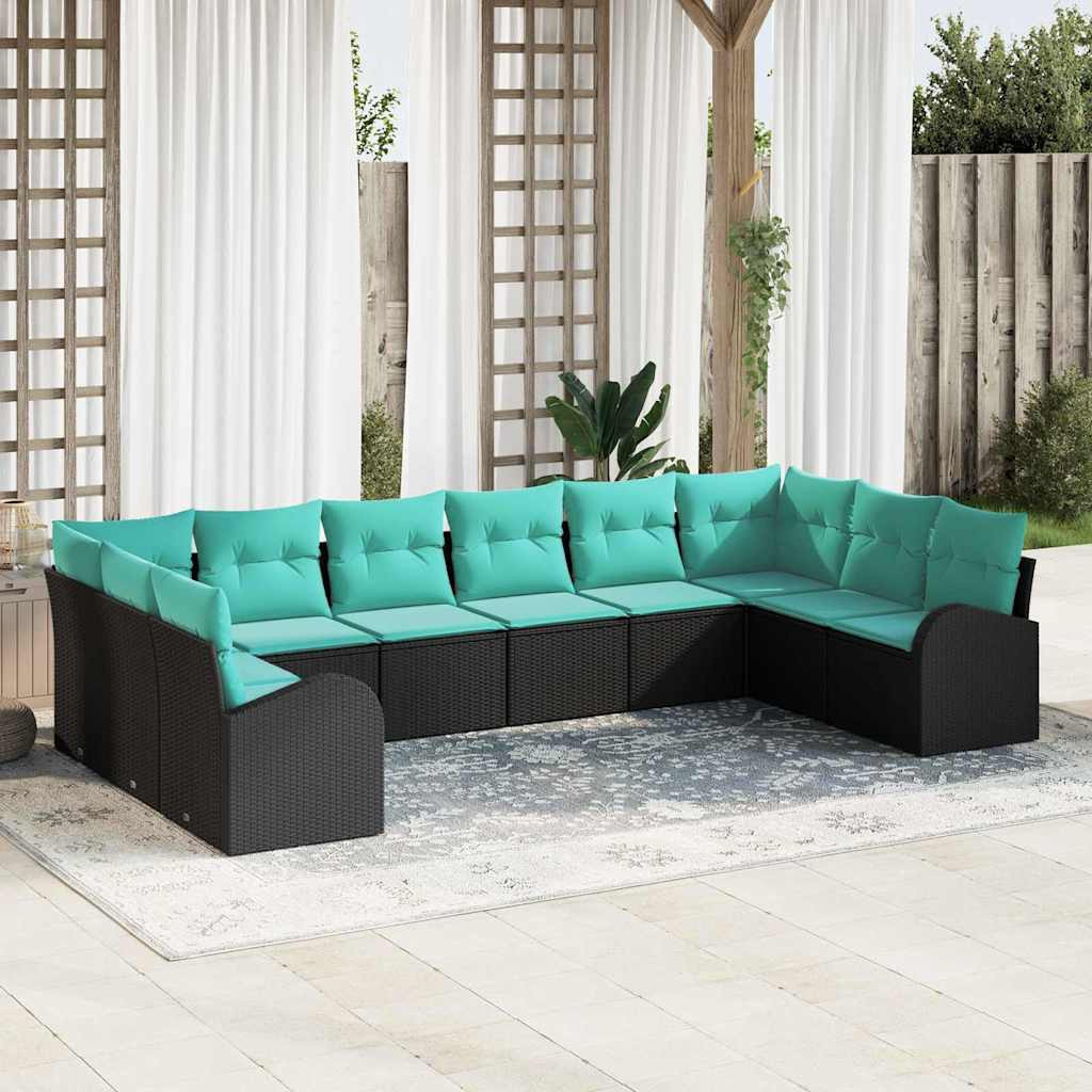 vidaXL Gartensofa-set mit Kissen 10 pcs Schwarz und Türkis Poly-Rattan