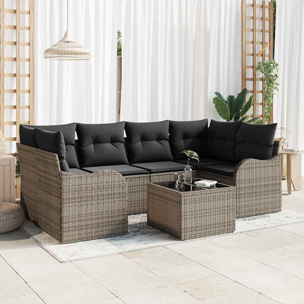 vidaXL Garten-Sofa-Set 7 pcs Grau Poly-Rattan und Stahl und Glas