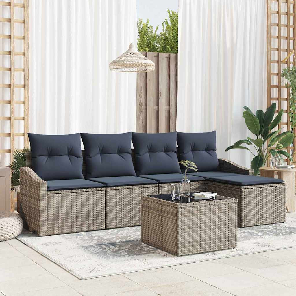 vidaXL Sofa Set mit Kissen 6 pcs Grau und Marineblau Poly-Rattan
