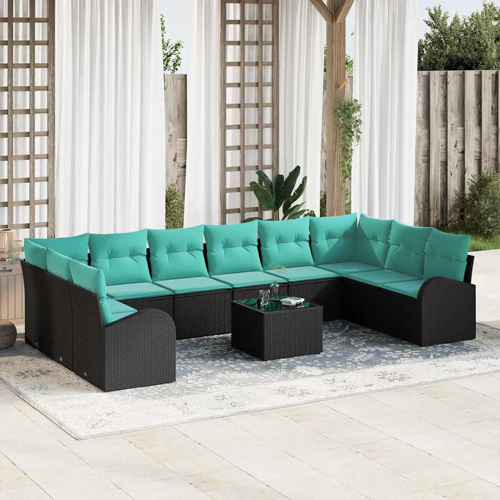vidaXL Gartensofa-set mit Kissen 11 pcs Schwarz und Türkis Poly-Rattan