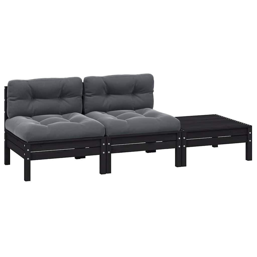 vidaXL 3-tlg. Garten-Lounge-Set mit Kissen Schwarz Kiefer Massivholz
