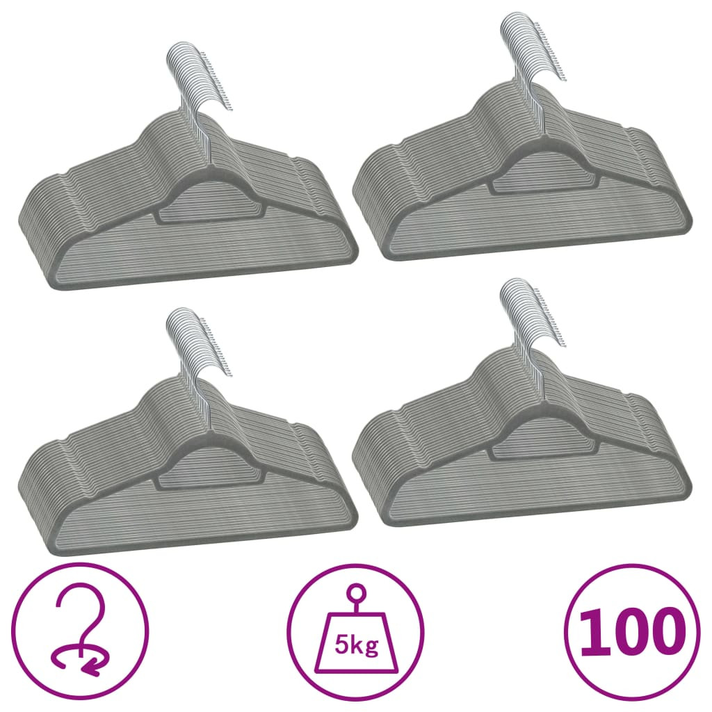 vidaXL 100 Stk. Kleiderbügel-Set Anti-Rutsch Grau Samt