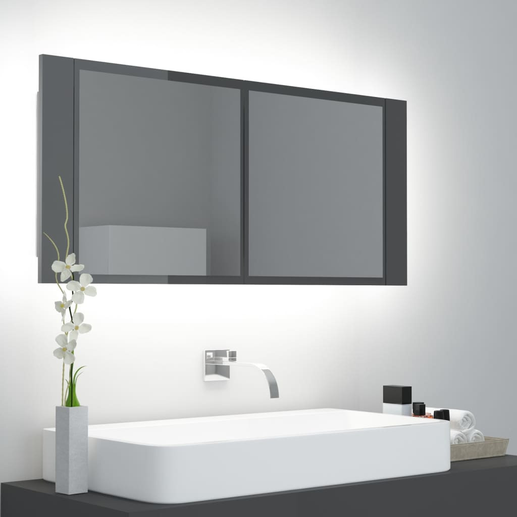 vidaXL LED-Bad-Spiegelschrank Hochglanz-Grau 100x12x45 cm Acryl