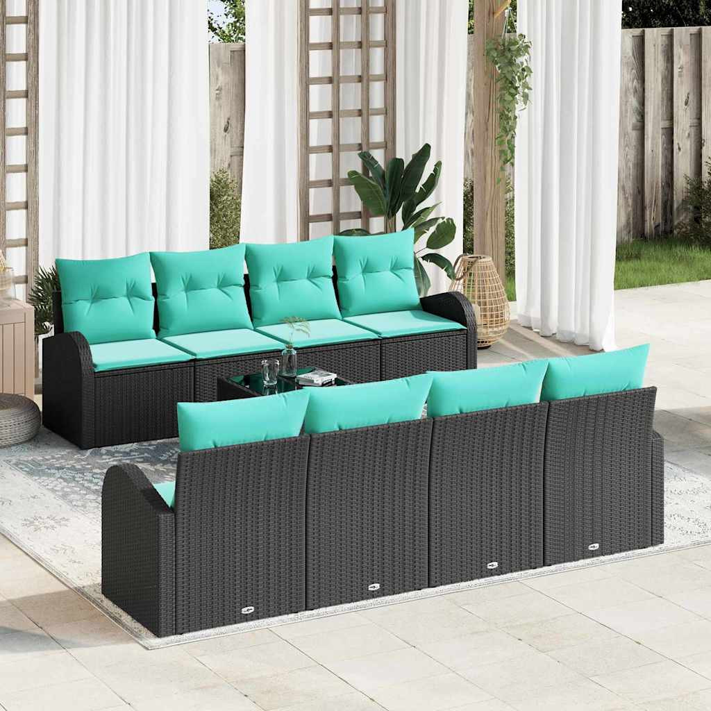 vidaXL Sofa Set mit Kissen 9 pcs Schwarz und Türkis Poly-Rattan