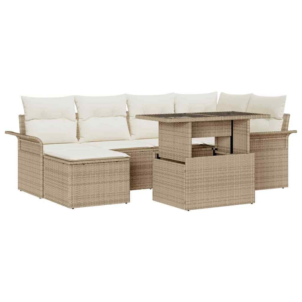 vidaXL Garten-Sofa-Set mit Kissen mit Speicher 7 pcs Beige Poly Rattan