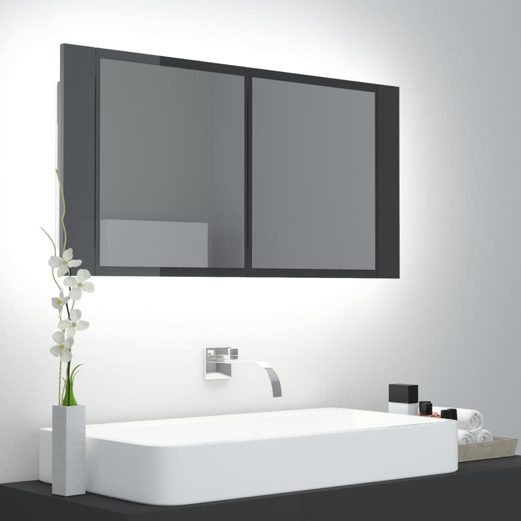 vidaXL LED-Bad-Spiegelschrank Hochglanz-Grau 90x12x45 cm Acryl