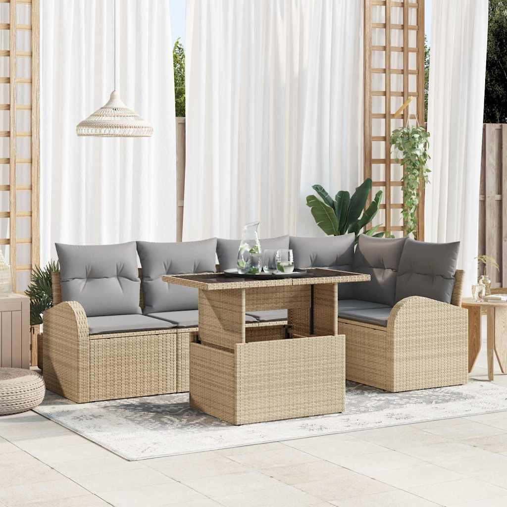 vidaXL Gartensofa-set mit Kissen mit Speicher 6 pcs Beige Poly Rattan