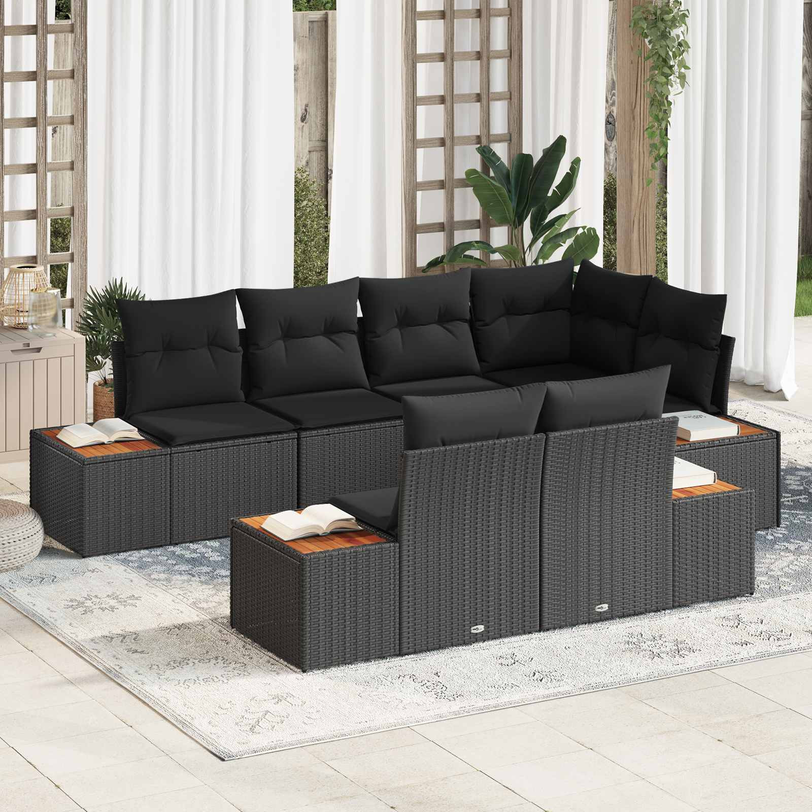 vidaXL Gartensofa-set mit Kissen mit Speicher 7 pcs Schwarz Polyrattan