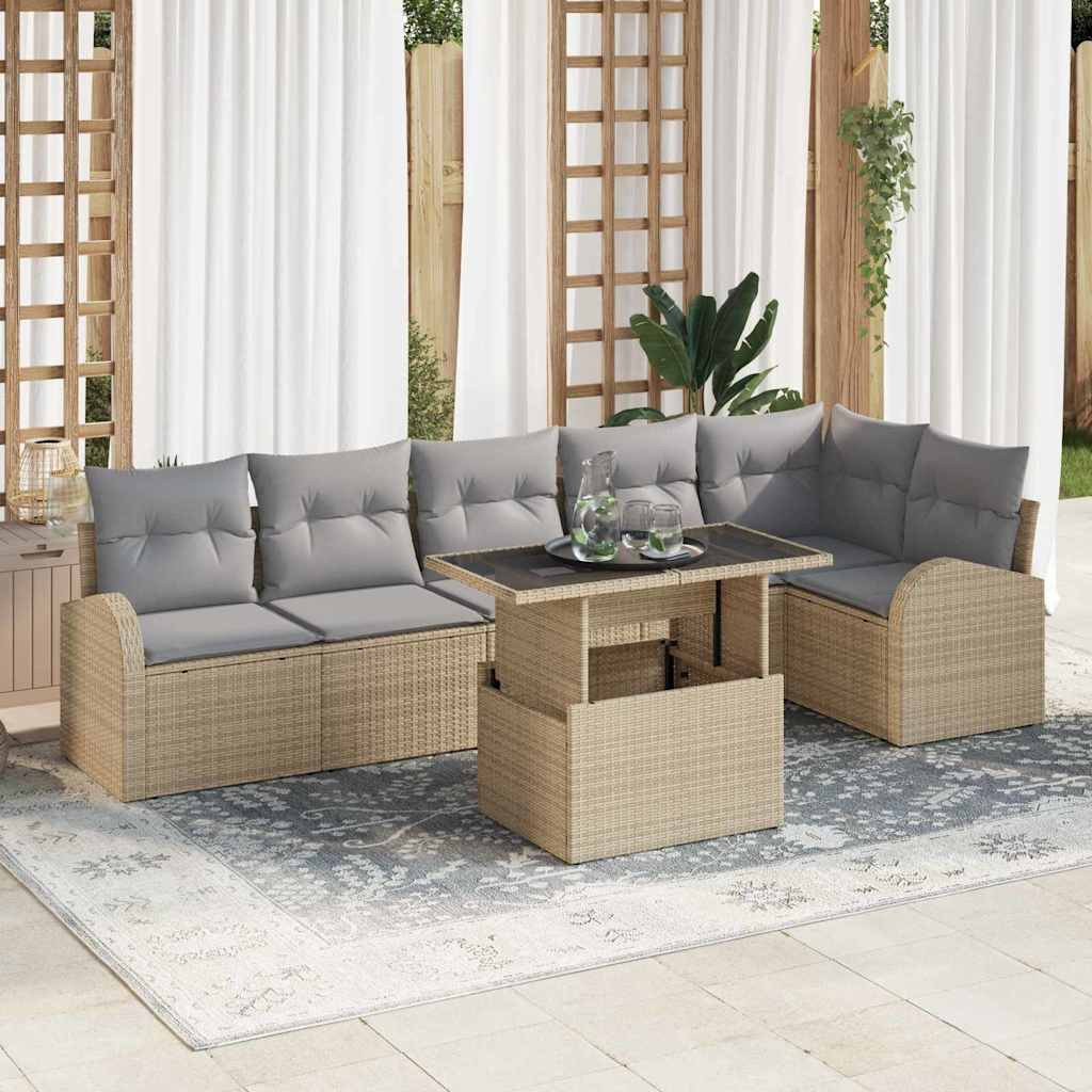 vidaXL Gartensofa-set mit Kissen mit Speicher 7 pcs Beige Poly Rattan