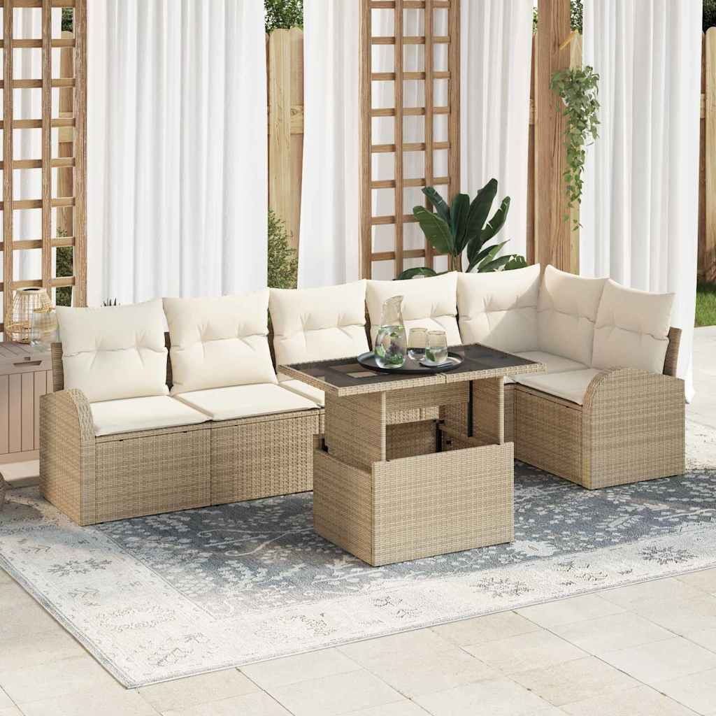 vidaXL Gartensofa-set mit Kissen mit Speicher 7 pcs Beige Poly Rattan