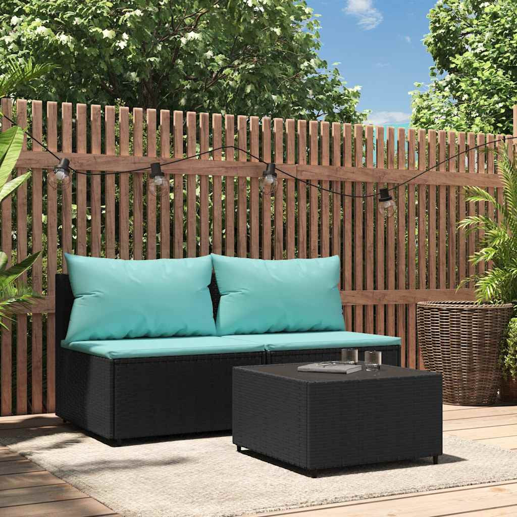 vidaXL 3-tlg. Garten-Lounge-Set mit Kissen Schwarz Poly Rattan