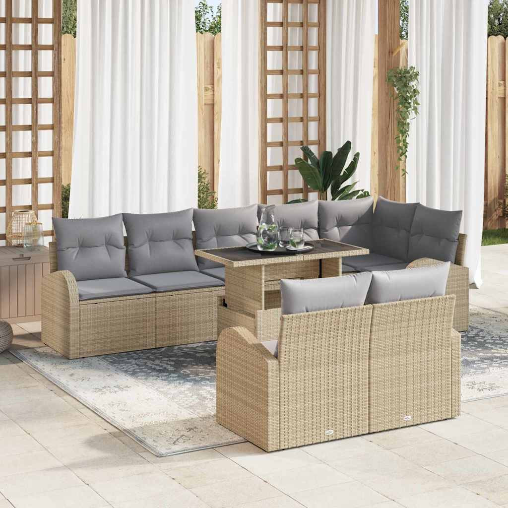vidaXL Gartensofa-set mit Kissen mit Speicher 9 pcs Beige Poly Rattan