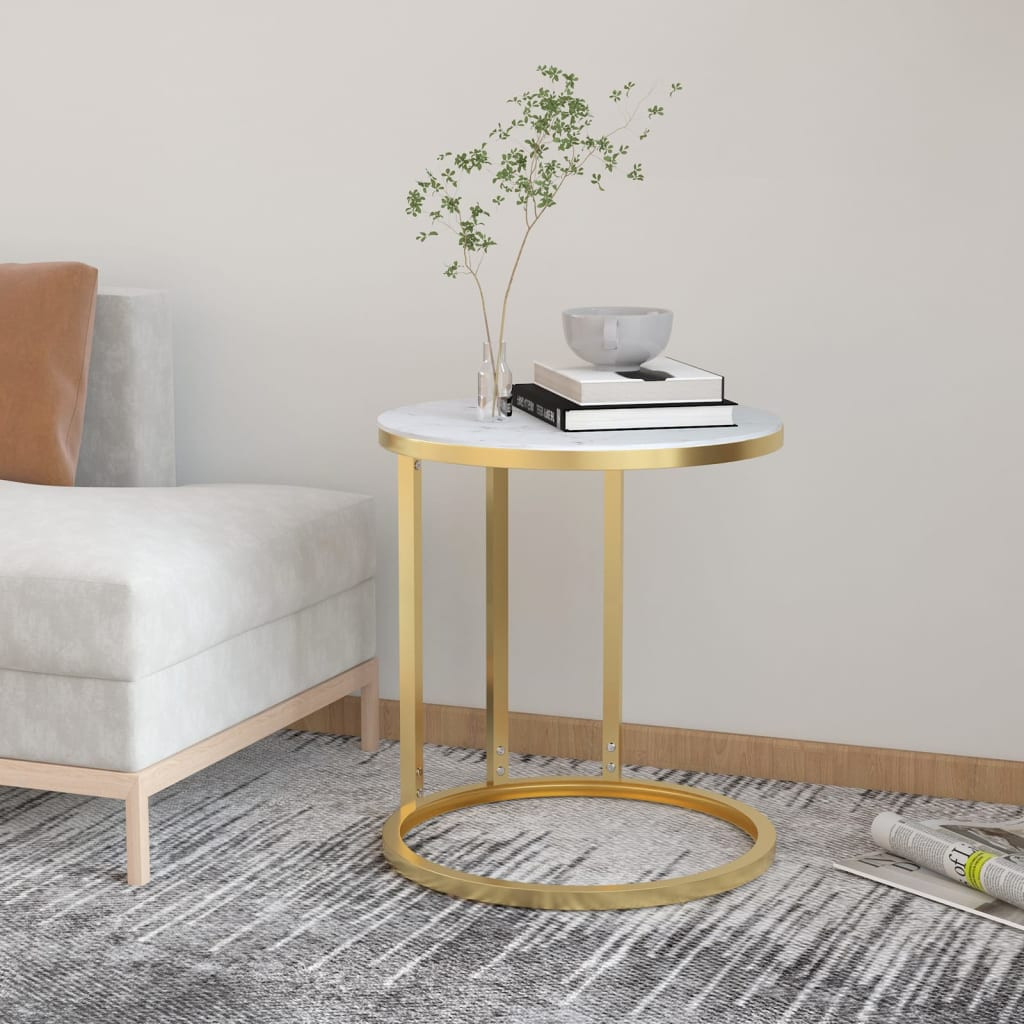 vidaXL Beistelltisch Golden und Weiße Marmor-Optik 45 cm Hartglas