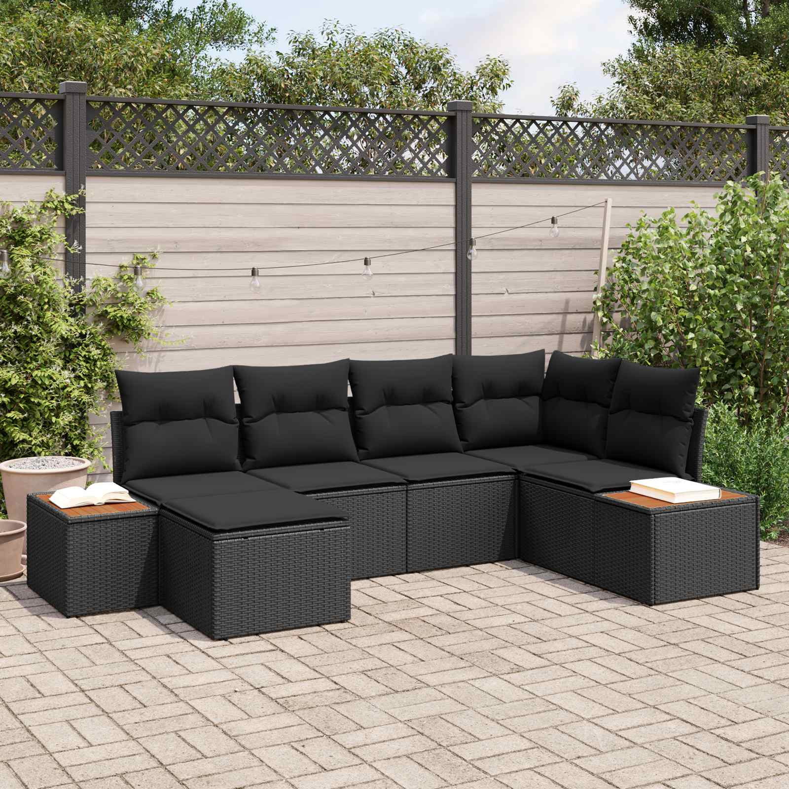 vidaXL Gartensofa-set mit Kissen mit Speicher 7 pcs Schwarz Polyrattan