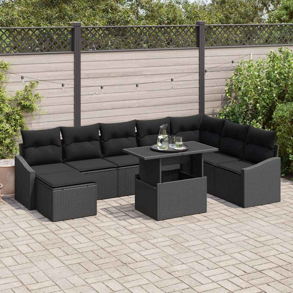 vidaXL Garten-Sofa-Set mit Kissen mit Speicher 9 pcs Schwarz