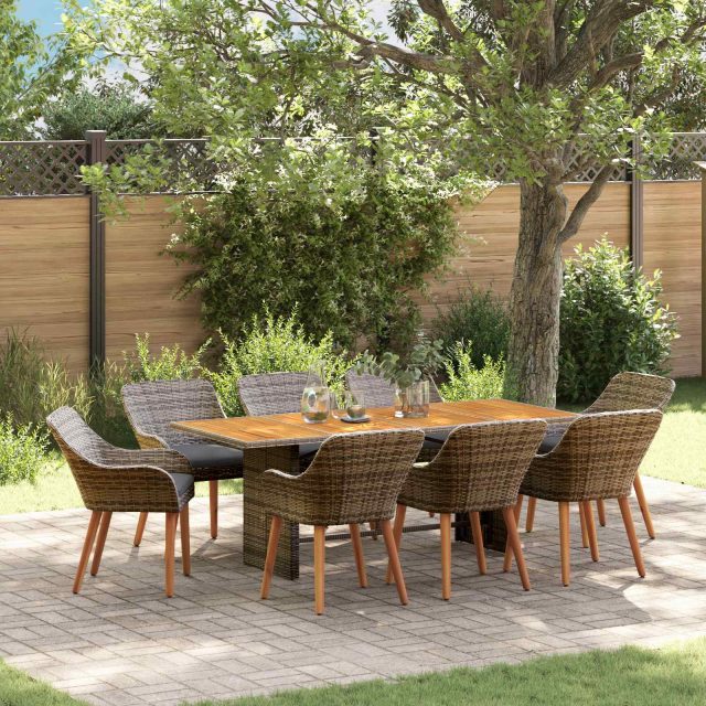 vidaXL Garten Essgruppe mit Kissen 9 pcs Grau Poly-Rattan