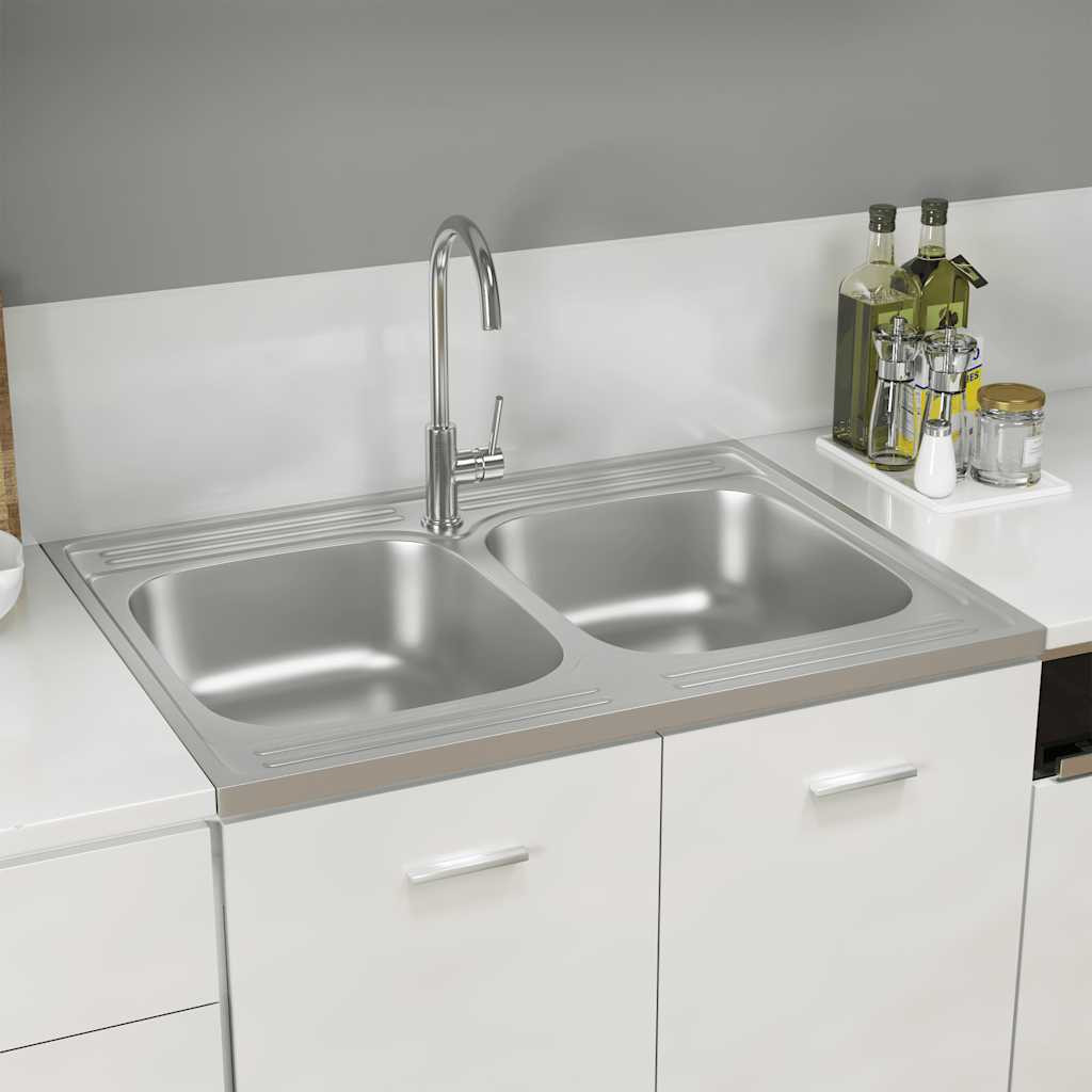 vidaXL Doppelspüle Silbern 800x600x155 mm Edelstahl