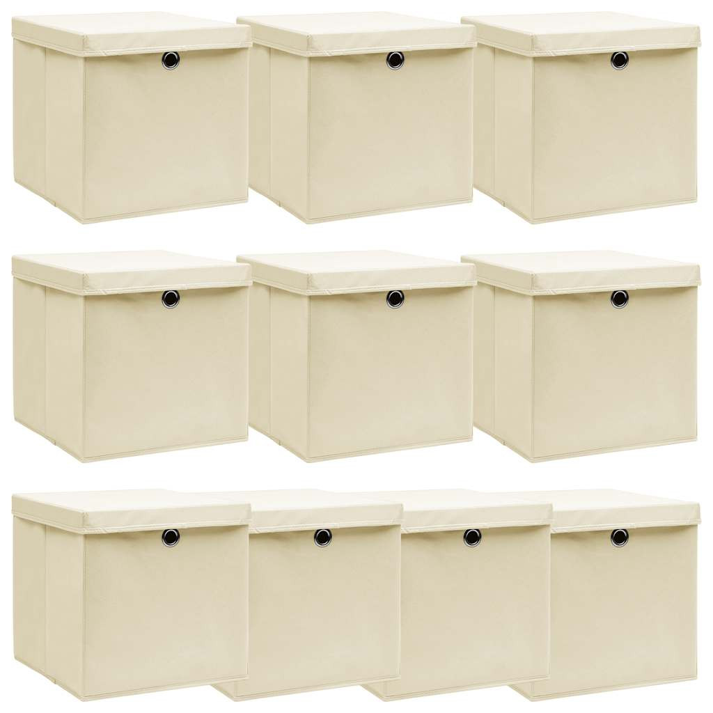 vidaXL Aufbewahrungsboxen mit Deckel 10 Stk. Creme 32x32x32 cm Stoff