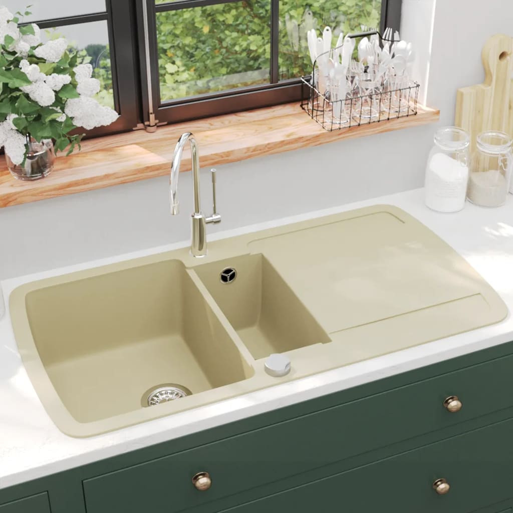 vidaXL Granitspüle Doppelbecken Beige