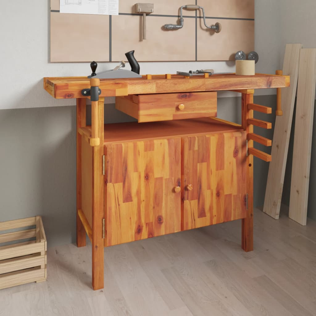 vidaXL Werkbank mit Schublade und Schraubstöcken 124 x 52 x 83 cm Massivholz Akazie