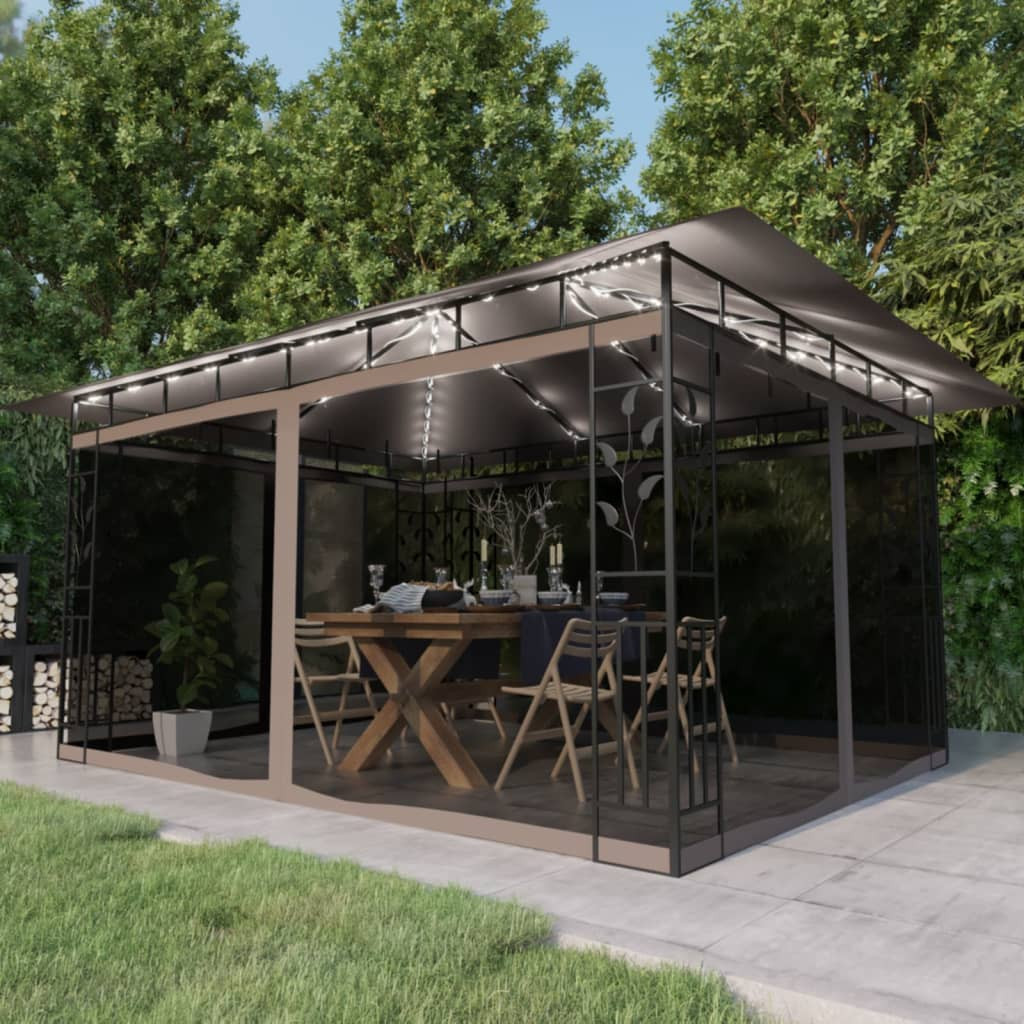vidaXL Pavillon mit Moskitonetz & LED-Lichterkette 4x3x2,73 m Taupe