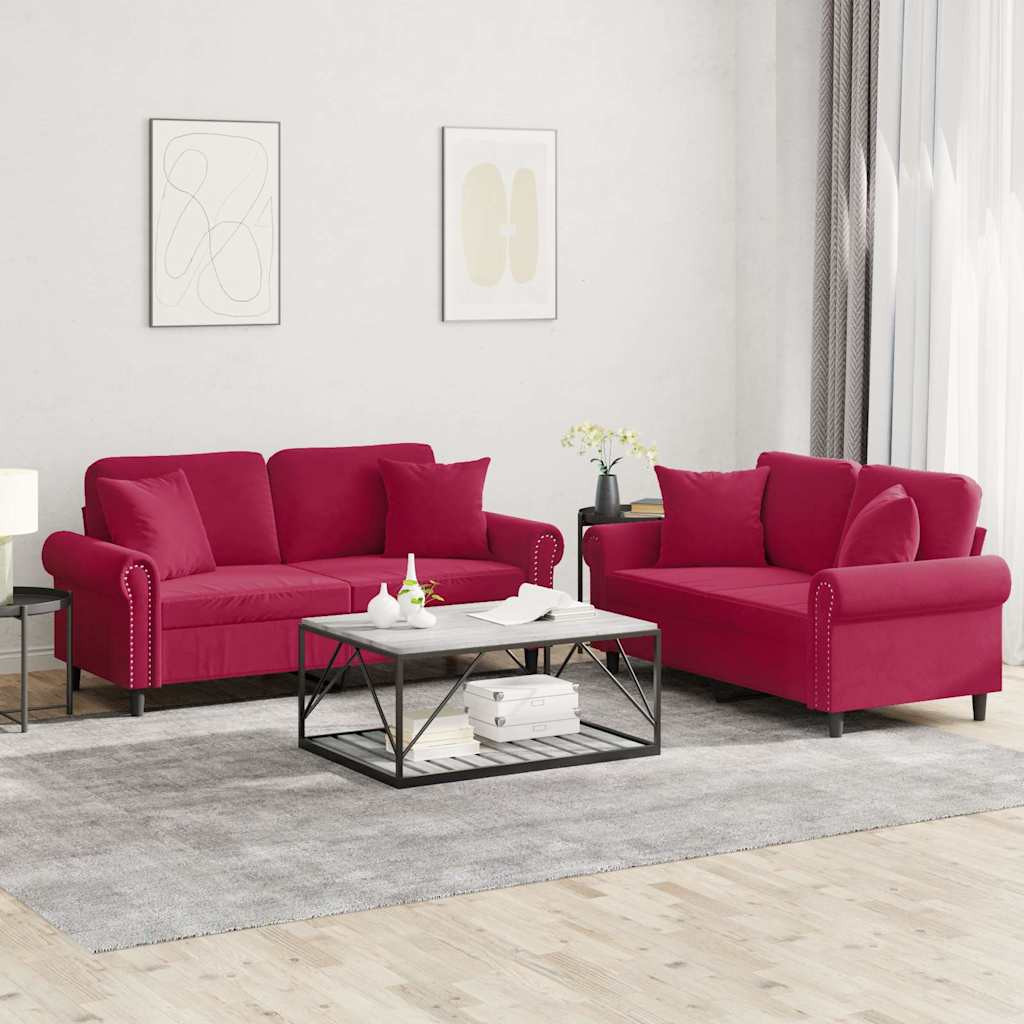 vidaXL 2-tlg. Sofagarnitur mit Kissen Weinrot Samt