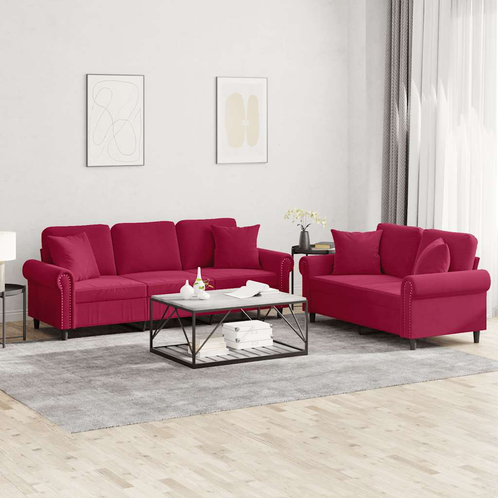 vidaXL 2-tlg. Sofagarnitur mit Kissen Weinrot Samt