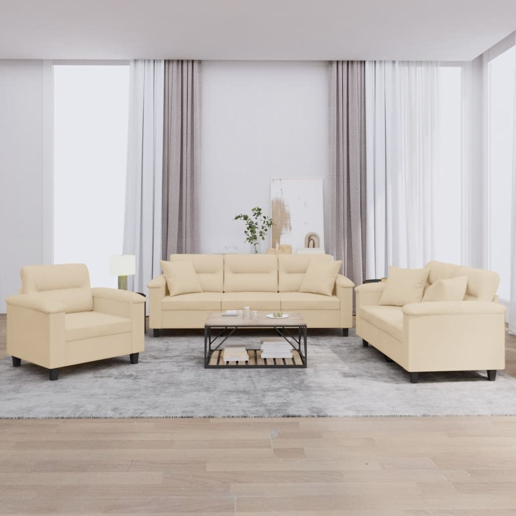 vidaXL 3-tlg. Sofagarnitur mit Kissen Creme Mikrofasergewebe