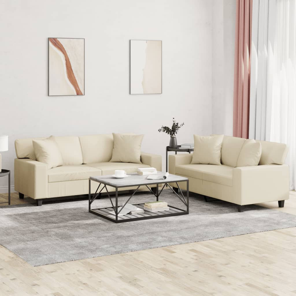 vidaXL 2-tlg. Sofagarnitur mit Kissen Creme Kunstleder
