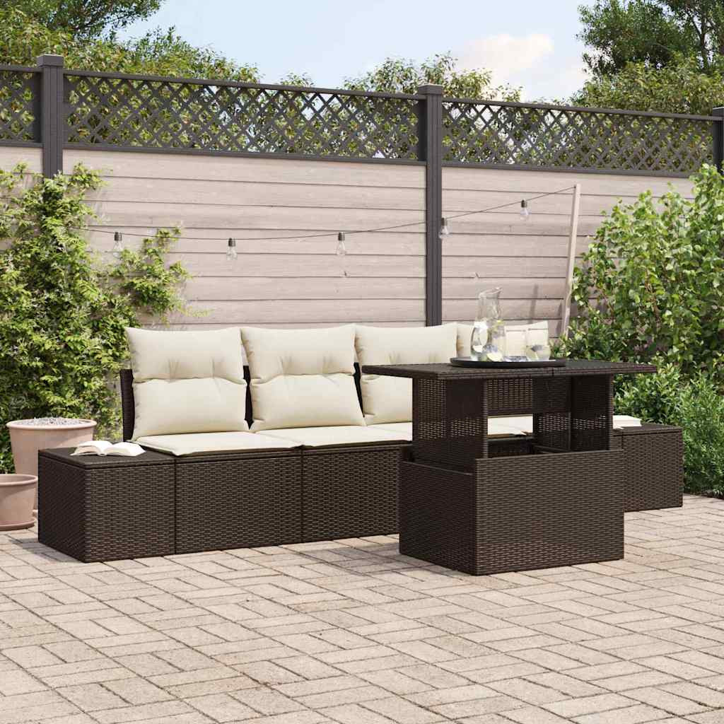 vidaXL Garten-Sofa-Set mit Kissen mit Speicher 5 pcs Braun und Creme