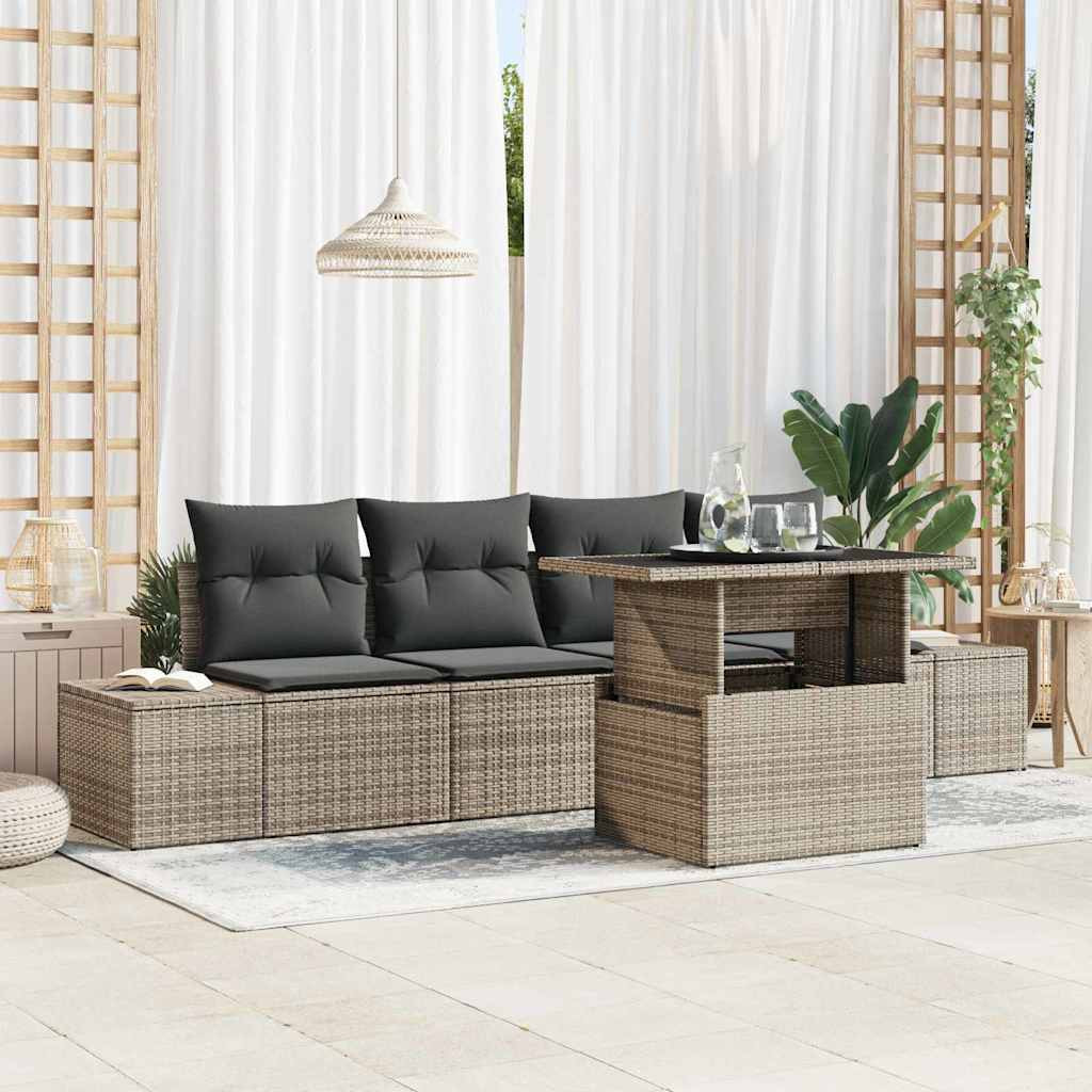vidaXL Garten-Sofa-Set mit Kissen mit Speicher mit Kissen 5 pcs Grau