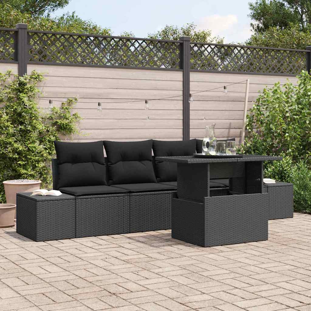 vidaXL Garten-Sofa-Set mit Kissen mit Speicher 5 pcs Schwarz