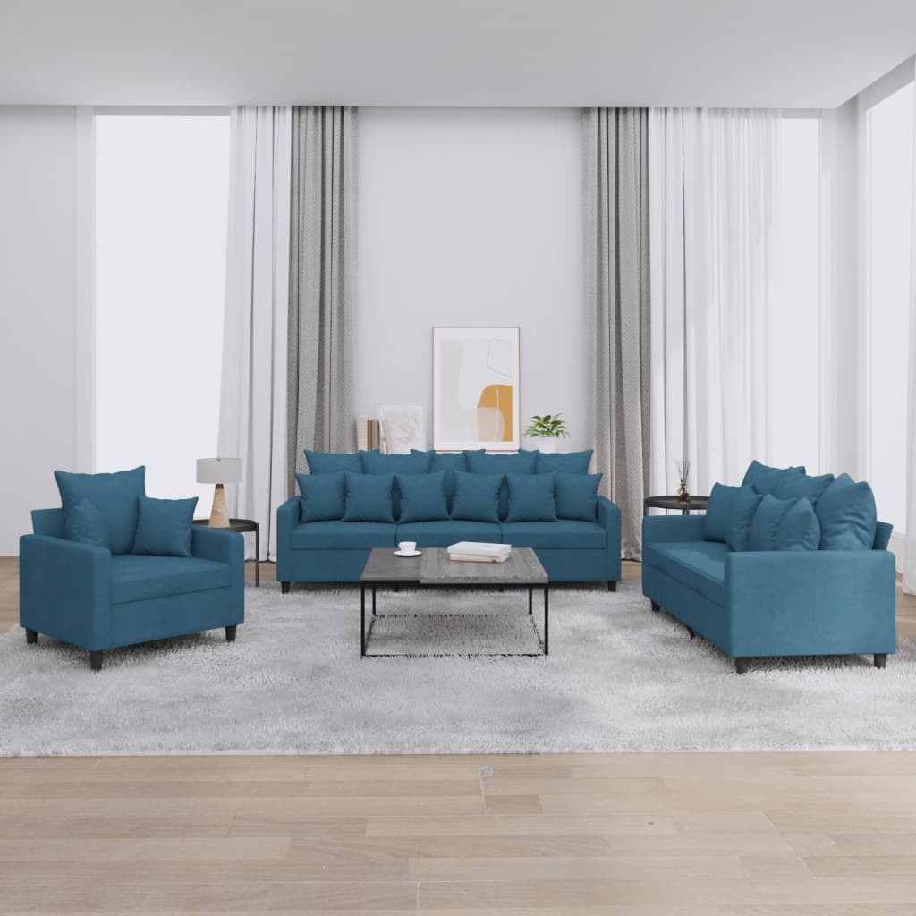 vidaXL 3-tlg. Sofagarnitur mit Kissen Blau Samt