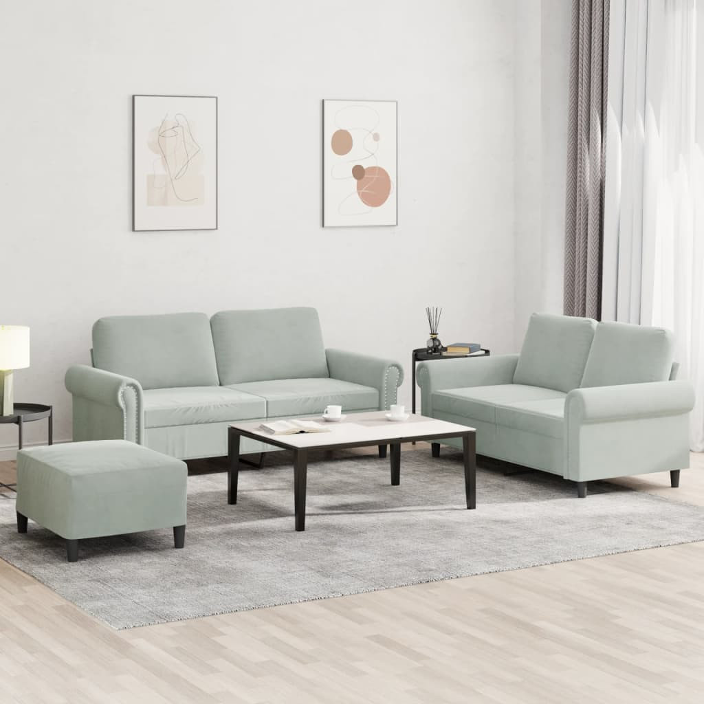 vidaXL 3-tlg. Sofagarnitur mit Kissen Hellgrau Samt