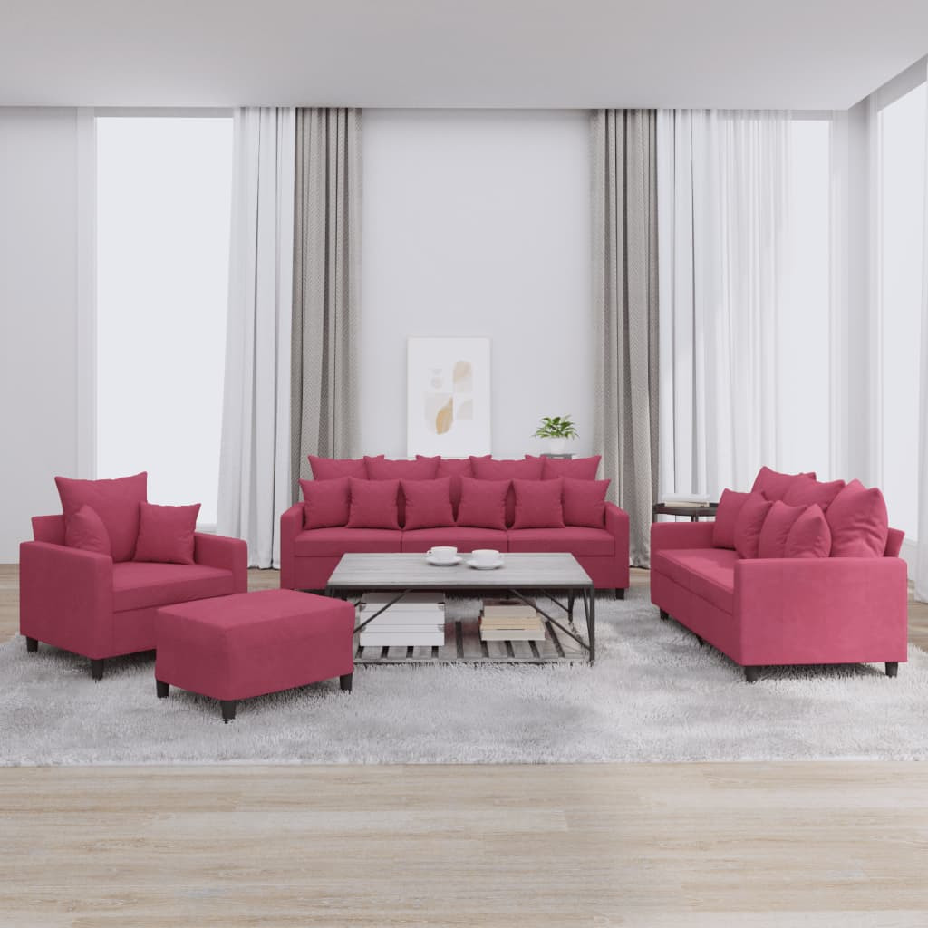 vidaXL 4-tlg. Sofagarnitur mit Kissen Weinrot Samt