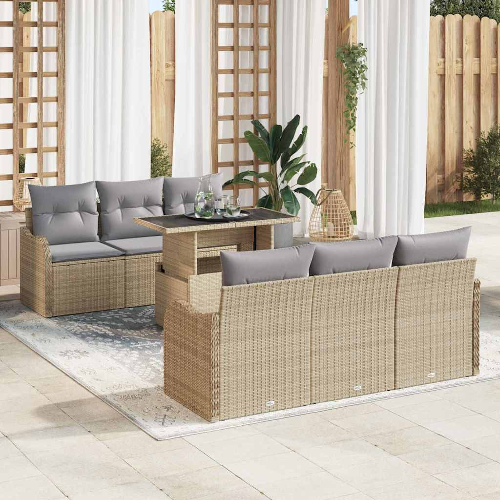 vidaXL Gartensofa-set mit Kissen mit Speicher 7 pcs Beige Poly Rattan