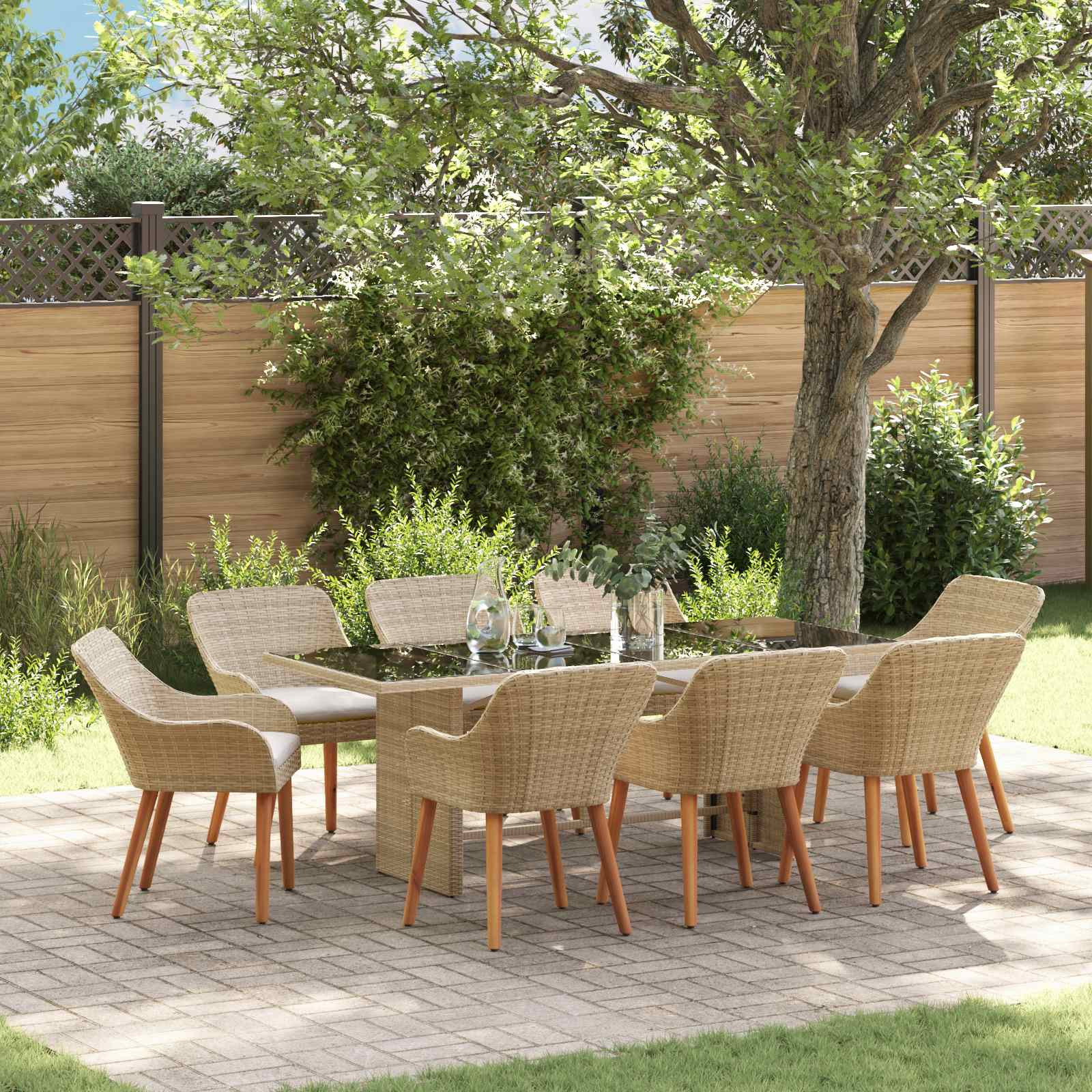 vidaXL Garten Essgruppe mit Kissen 9 pcs Beige Poly-Rattan