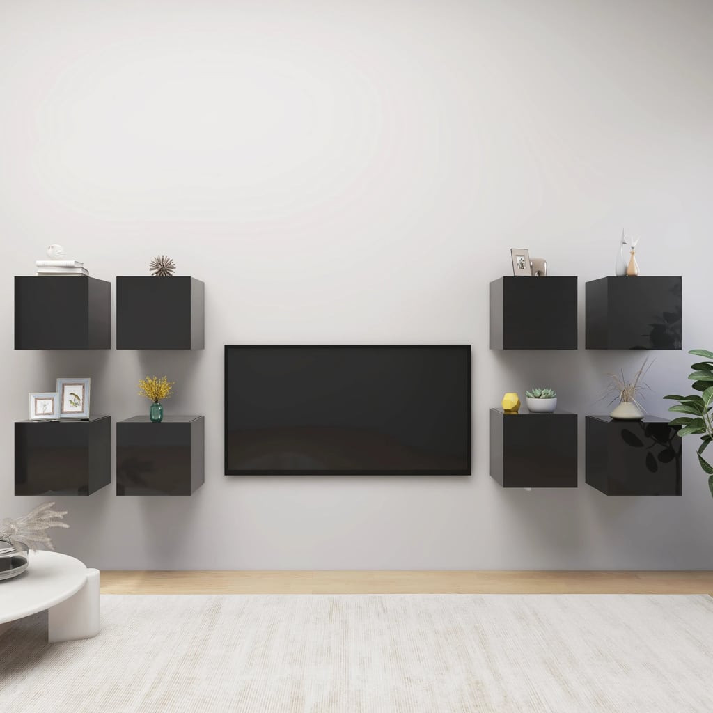 vidaXL TV-Wandschränke 8 Stk. Hochglanz-Schwarz 30,5x30x30 cm