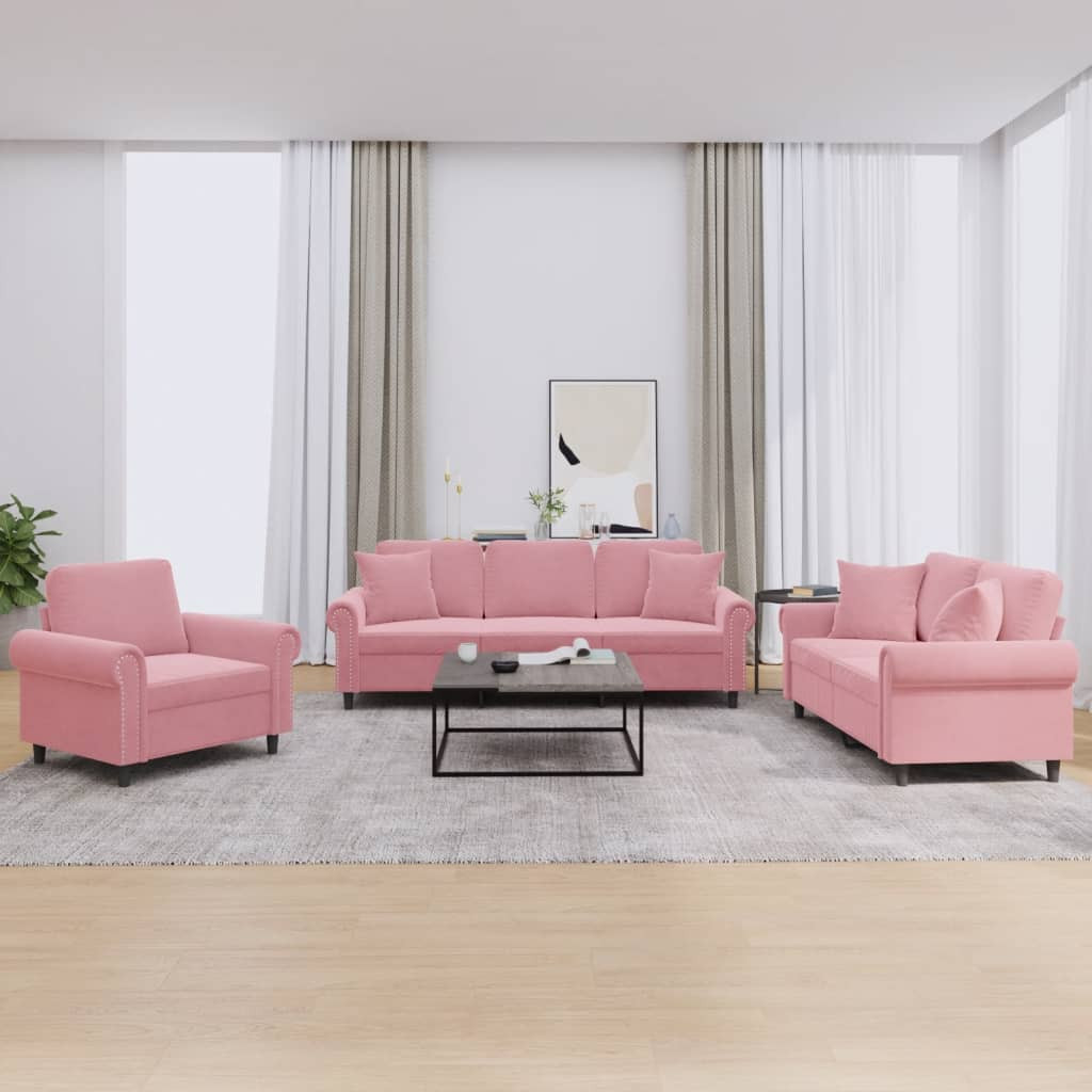 vidaXL 3-tlg. Sofagarnitur mit Kissen Rosa Samt
