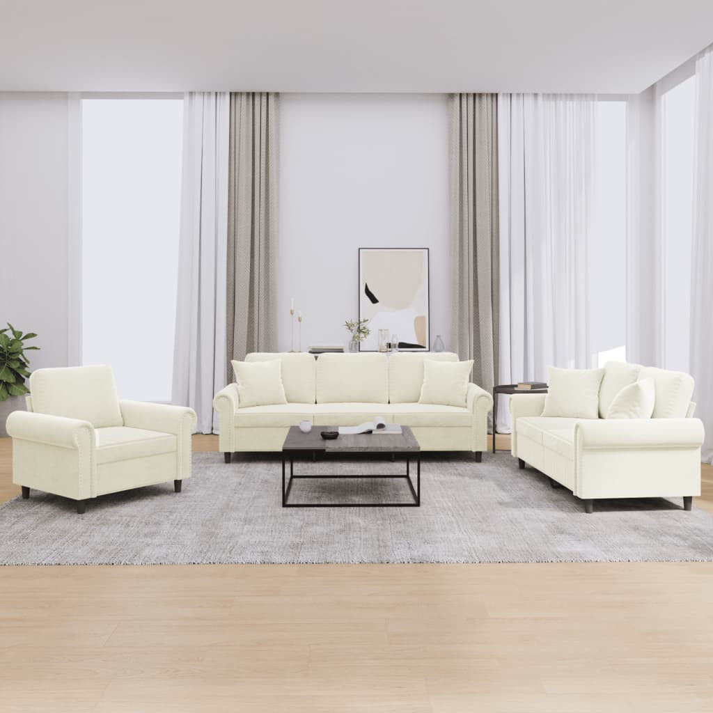 vidaXL 3-tlg. Sofagarnitur mit Kissen Creme Samt