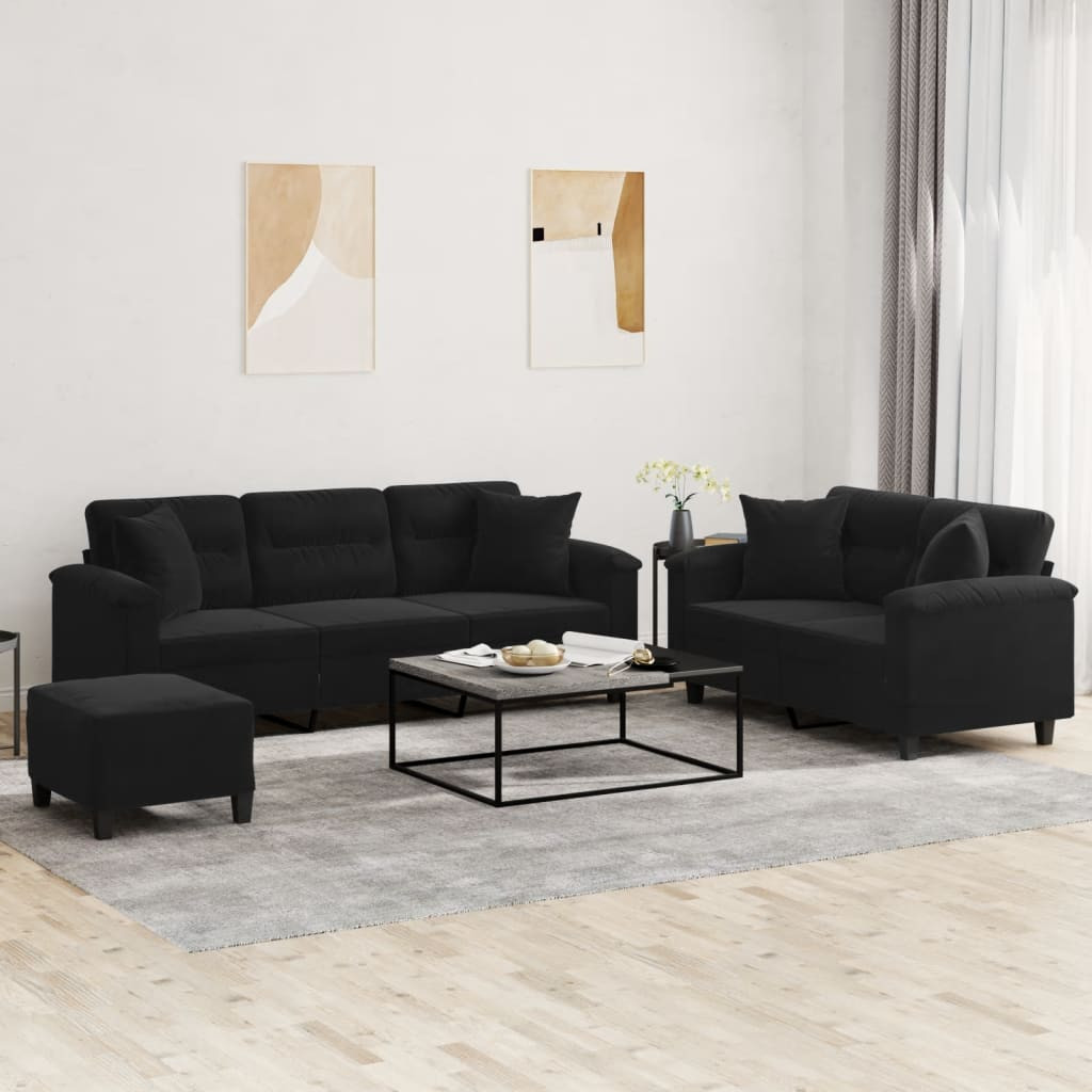vidaXL 3-tlg. Sofagarnitur mit Kissen Schwarz Mikrofasergewebe