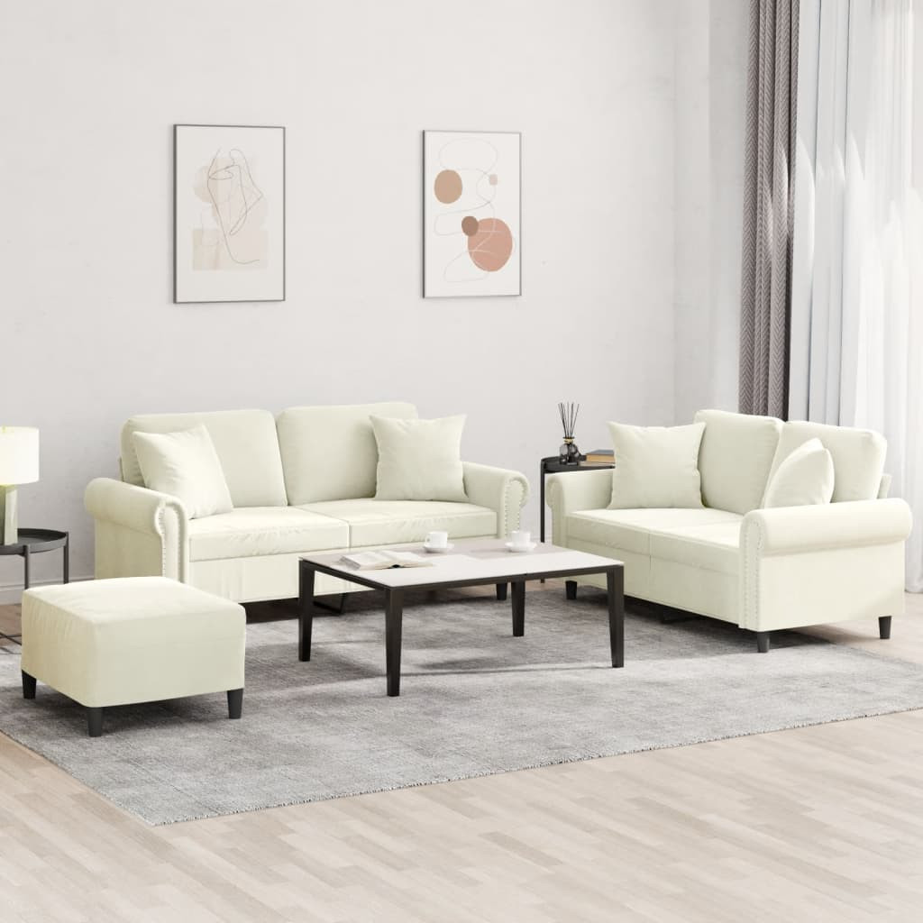 vidaXL 3-tlg. Sofagarnitur mit Kissen Creme Samt