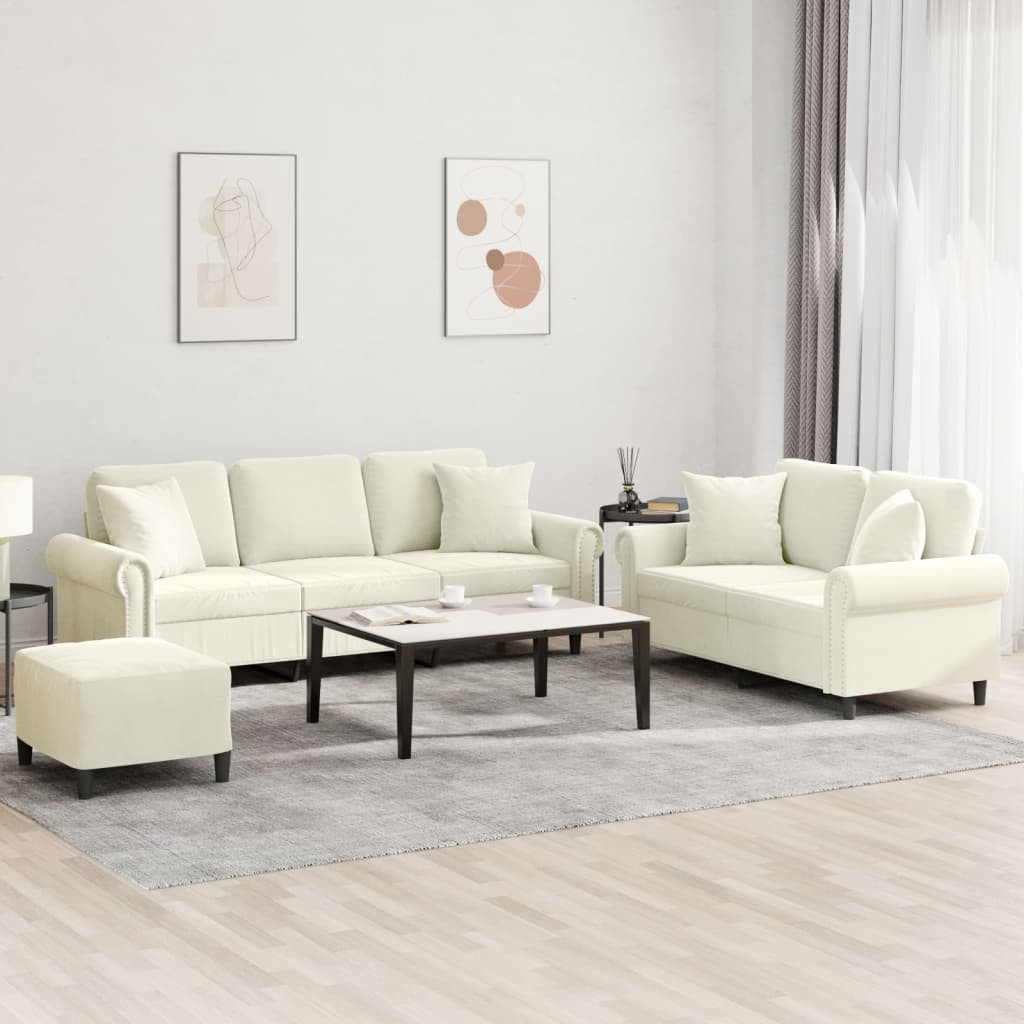 vidaXL 3-tlg. Sofagarnitur mit Kissen Creme Samt