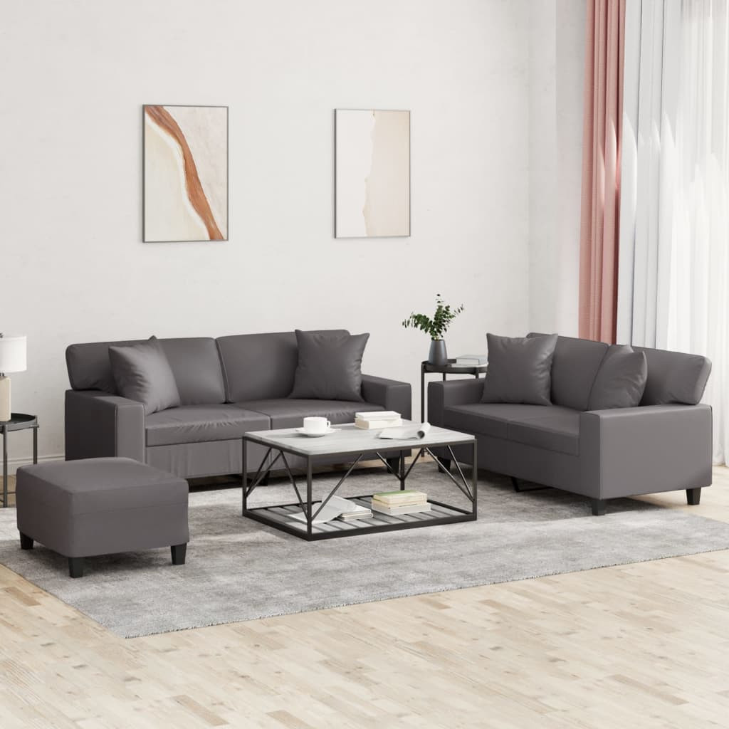 vidaXL 3-tlg. Sofagarnitur mit Kissen Grau Kunstleder