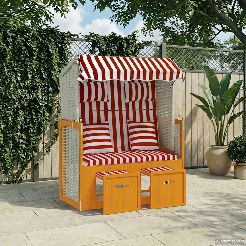 vidaXL Strandkorb mit Kissen Poly Rattan und Massivholz Rot & Weiß