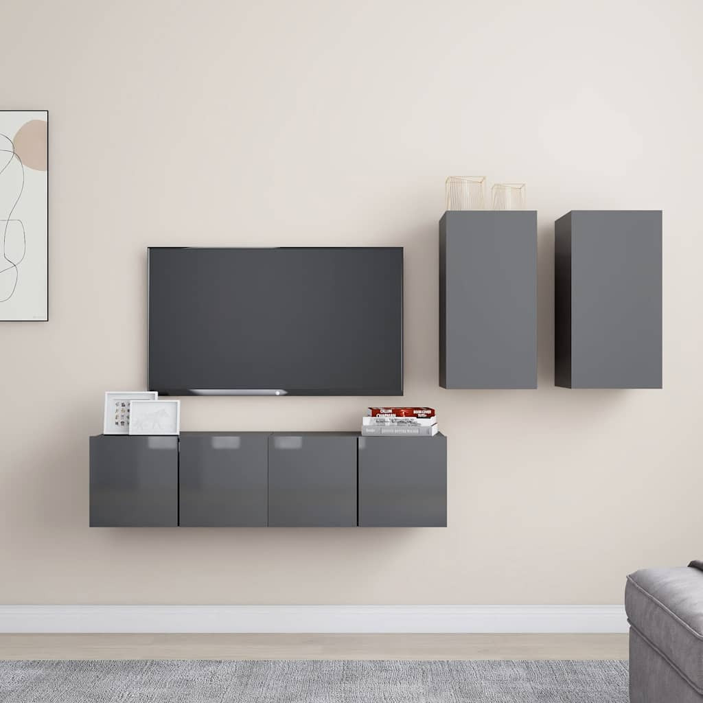 vidaXL 4-tlg. TV-Schrank-Set Hochglanz-Grau Holzwerkstoff